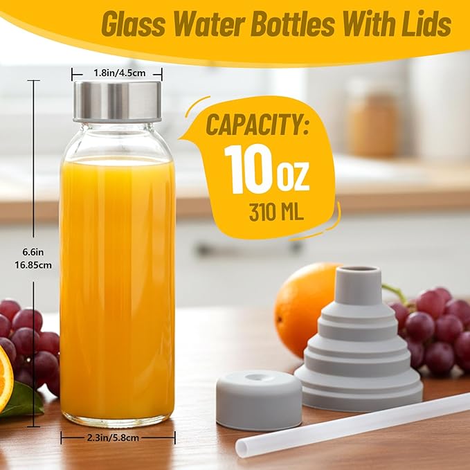 10 oz Clear Glass Bottle with Lid, Reusable Glass Water Bottles with Stainless Steel Cap & Straws for Juicing, Milk, Ginger & Smoothies, Refrigerator, Leak-Proof, Juice Containers Set of 16
