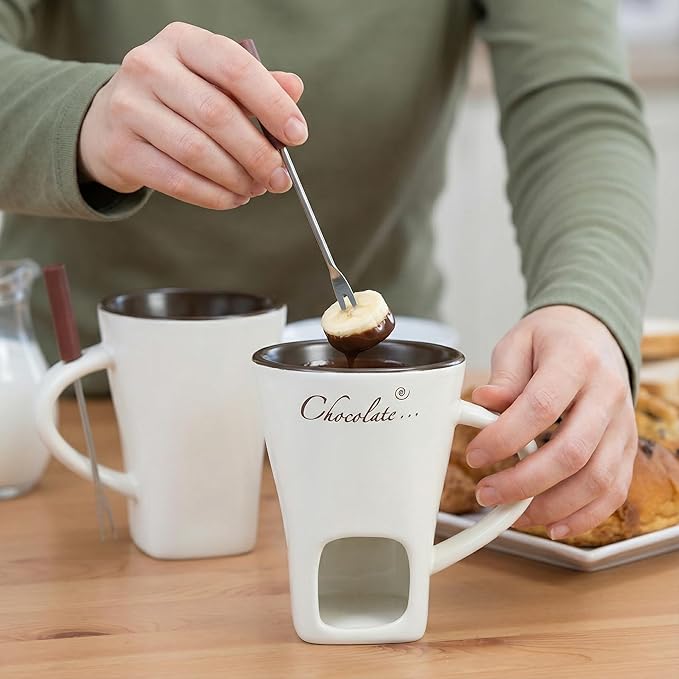 DECHOUS 2 Pack Fondue Pot Ceramic Chocolate Fondue Mug Set with 2 Forks Personal Fondue Mugs Melting Pot for Chocolate, Cheese, Butter, Suitable for Home Party Wedding