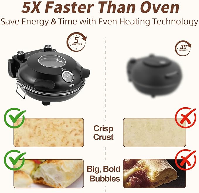 YIBAKE 12" Electric Pizza Oven - Countertop Pizza Maker with Ceramic Stone, Heats up to 800°F, Portable Indoor Pizza Oven for Homemade Pizzas, Black