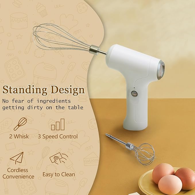 CHIDOYII Cordless Hand Mixer, Handheld Electric Whisk with 3 Speed Modes, Hand Held Egg Beater with 2 Detachable Stir Whisks (White Silver)