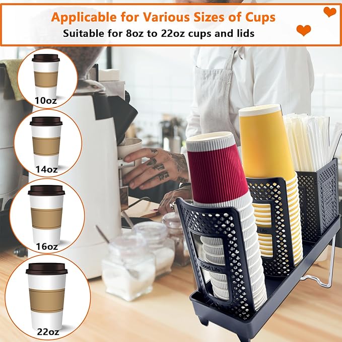 Coffee Cup Holder, Paper Cup and Lid Holder Dispenser with Straw Organizer,3-Slot Upright Disposable Plastic Coffee Cup Dispenser for Stations, Kitchens, Bars, Restaurants, Lounges (Black)