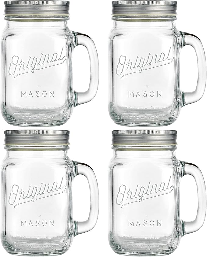 Glaver's Mason Jar 16 Oz. Glass Mugs with Handle and Lid Set Of 4 - Home Essentials & Beyond - Old Fashioned Drinking Glass Bottles Original Mason Jar Pint Sized Cup Set.