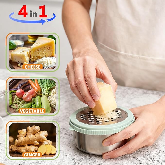 Cheese Grater with Container, 4 in 1 Box Gratters for Fine, Medium and Coarse, Handheld Lemon Zester for Parmesan, Ginger, Garlic, Nutmeg, Chocolate (Light Green)
