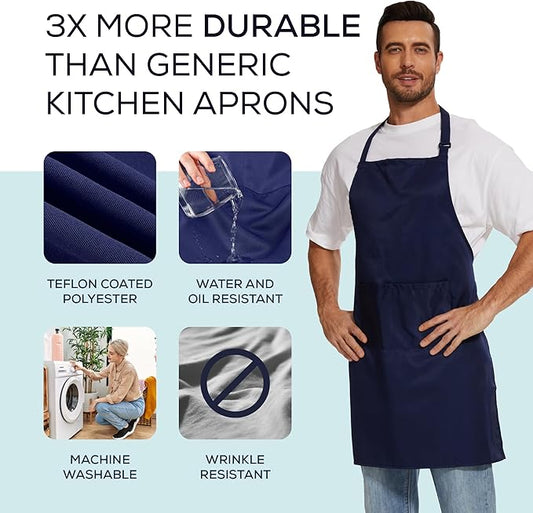 Will Well Kitchen Apron for Men and Women - 33" x 27" Oil-and-Water-Resistant with Adjustable Neck Strap and 38" Waist Ties for a Snug Fit, Lightweight with 2 Front Pockets - 1-Pack, Navy