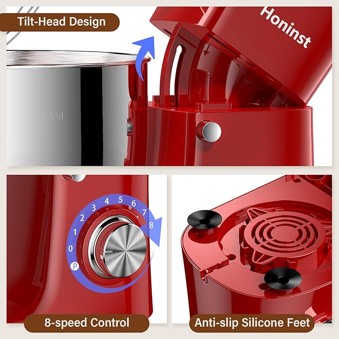Honinst Stand Mixer, 3-In-1 8-Speed 660W 6.5QT Tilt-Head Food Electric Mixers with Bowl, Dough Hook, Whisk and Beater, Kitchen Mixer for Baking, Cake and Most Home Cooks, Red