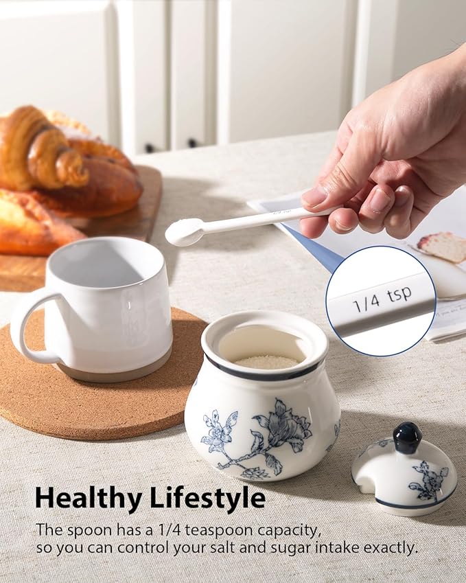 Ceramic Sugar Bowl with Lid and Spoon, 11Oz Sugar Container for Coffee Bar, Blue and White Sugar Jar/Dispenser, Flowers and Branches