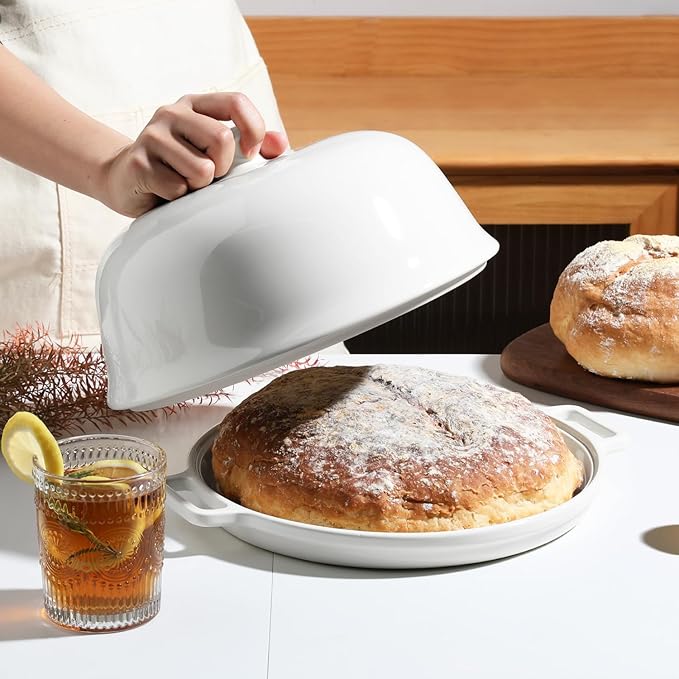 Sweejar Ceramic Bread Oven with Lid, Large Sourdough Bread Baking Pan with Handle, 5QT Porcelain Round Bread Cloche For Baking, Cooking, Roasting (White)