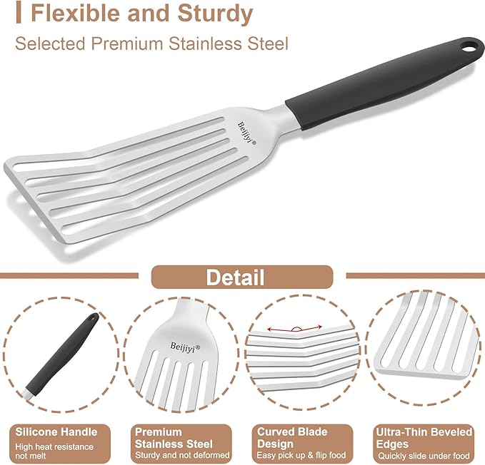 Beijiyi Fish Spatula, 13.5" Stainless Steel Slotted Turner with Silicone Handle, Metal Spatula for Cast Iron Skillet, Kitchen & Grilling Cooking Fish, Egg and Burger, Dishwasher Safe