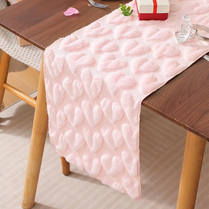 Table Runner 13x72 Inch for Valentine's Day, 3D Heart Shape Winter Holiday Decorative Farmhouse Table Decorations for Kitchen Dinning, Indoor Outdoor Dinner Party Decor (Pink)