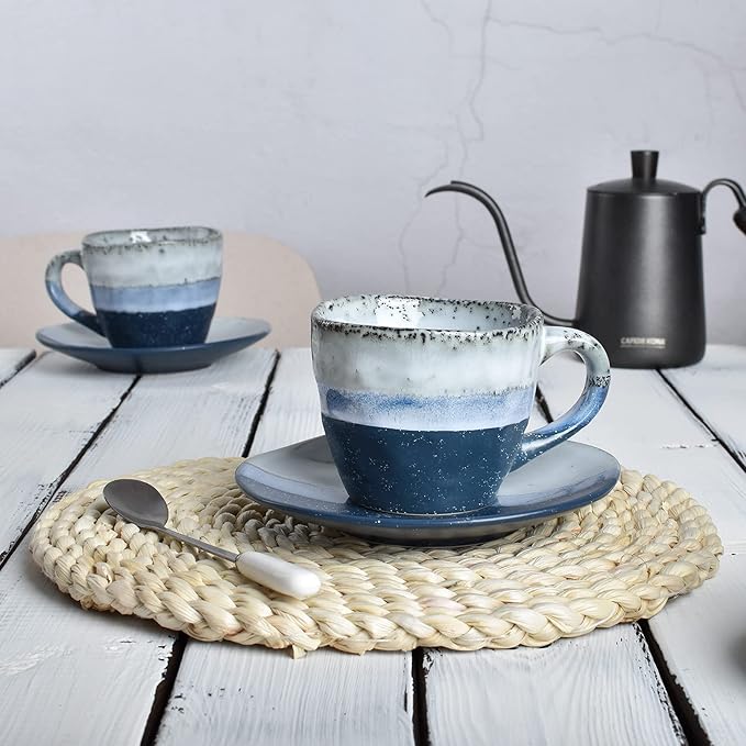 Bosmarlin Stoneware Coffee Cup Mug with Saucer Set of 2 for Latte, Cappuccino, Tea, Oz, Dishwasher and Microwave Safe (Blue, 2)
