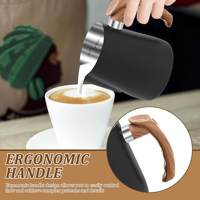 Milk Frothing Pitcher, 20oz/600ml Stainless Steel Milk Frother Cup Measurement, Barista Espresso Steaming Jug with Coffee Art Pen and Ergonomic Handle for Cappuccino Latte Art(black,600ml)