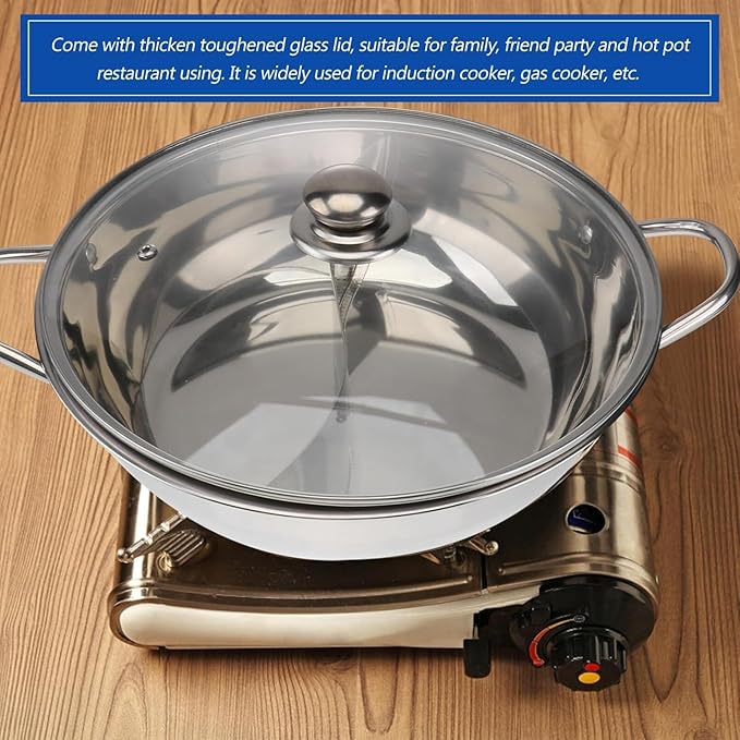 12inch Double Cooker Pot, Hot Pot Shabu, Dual Site with Divider & Lid, Insulated Handle, 12'', for Home Party Family Gathering