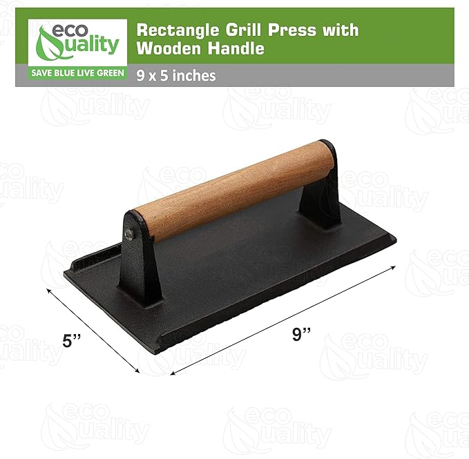 [1 PACK] Rectangle Grill Press with Wooden Handle 9 x 5 inches - Heavy Duty, Bacon Press, Burger Press, Panini Press, Meat Press - Ideal Cast Iron Press for Kitchen & Grill