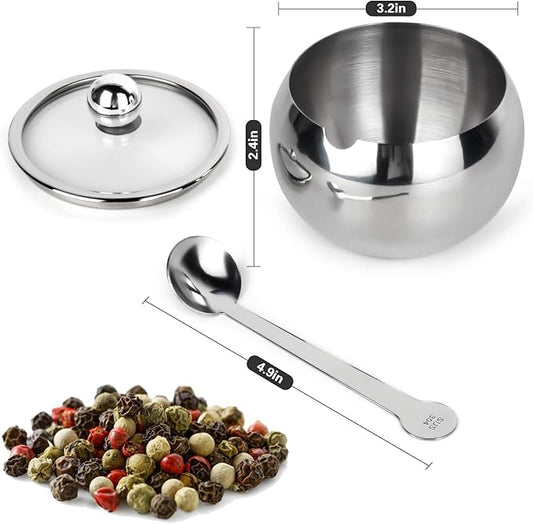 hanmir Stainless Steel Sugar Bowl with Clear Lid and Sugar Spoon 8.1 Ounces(240 Milliliter) Sugar Container for Home and Kitchen