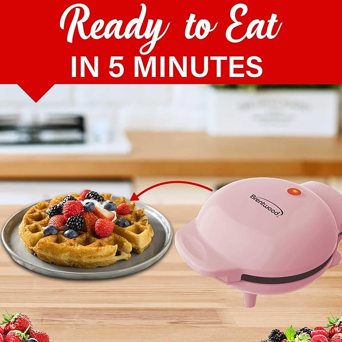 Brentwood 5” Non-Stick Mini Maker for Waffles, Keto Chaffles, Hash Browns, and More (Pink)