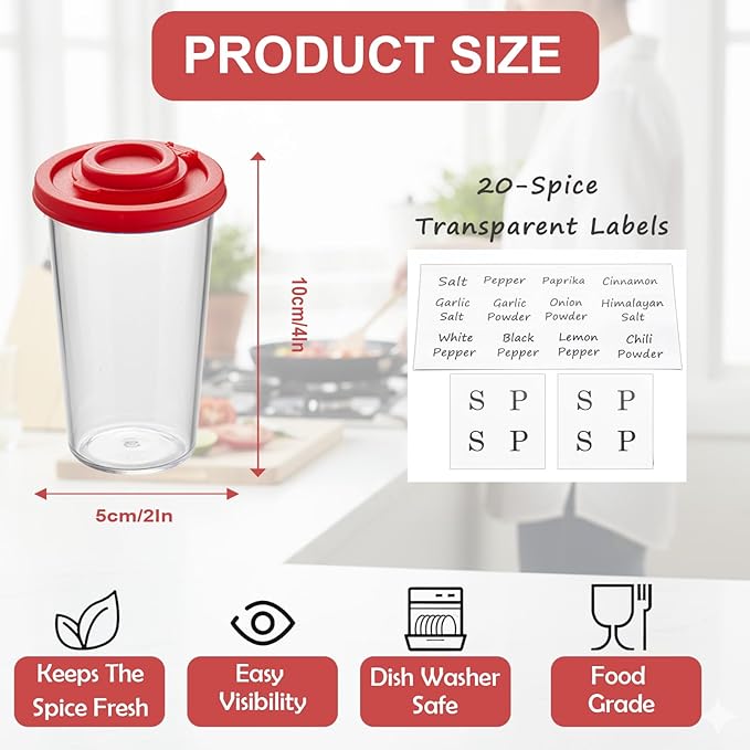Plastic Salt and Pepper Shakers Set with 4 Color Lids & 20 Labels – Clear Spice Jars, Reusable, Refillable Seasoning Containers for Kitchen, Cooking, Baking – Easy Storage & Organization