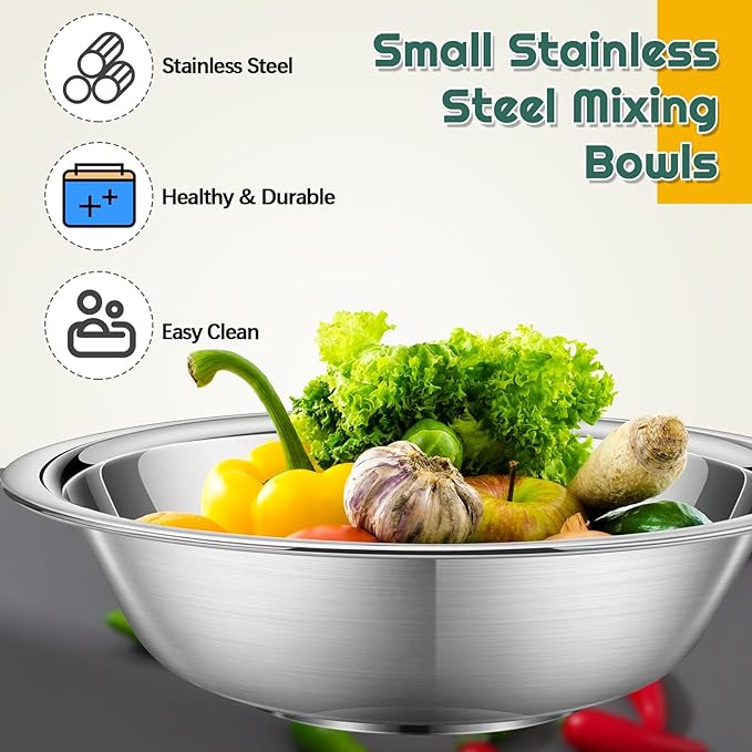 Tioncy 20 Pack Small Stainless Steel Mixing Bowls, 6.3 Inch Wide Nesting Prep Bowls Set with Flat Base for Sauces Serving Soup Snack Salad, 3/4 Quart Meal Cooking Baking, Reusable and Dishwasher Safe