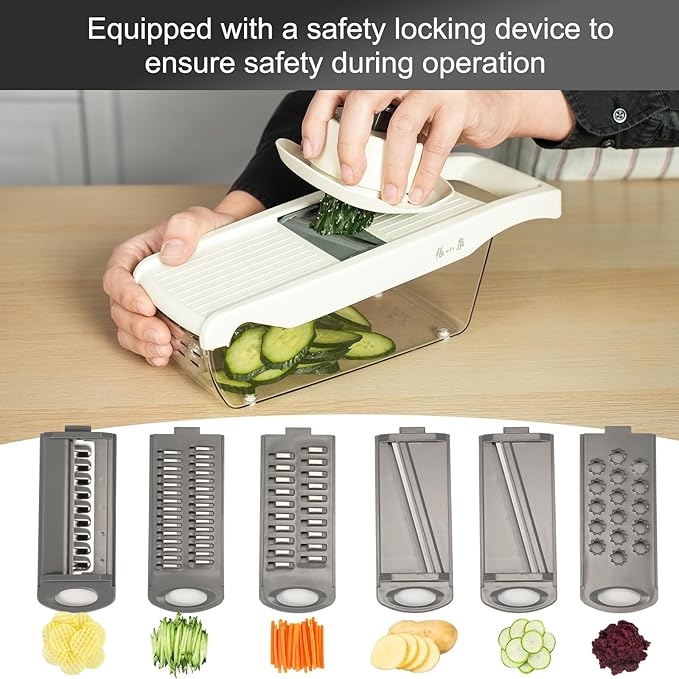 ZHANG XIAO QUAN 6-in-1 Safe Mandoline Slicer for Kitchen, Cheese Grater Vegetable Spiralizer and Veggie Slicer for Cooking & Meal Prep Food Chopper, White