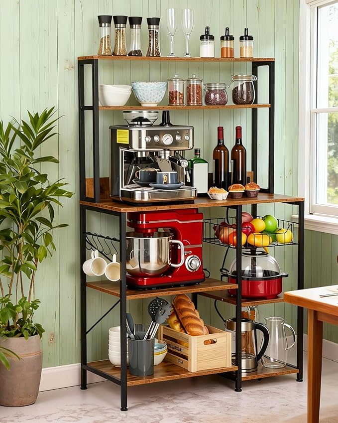 Garvee Kitchen Bakers Rack with Power Outlet, 35 * 60inch Microwave Oven Stand with Storage 4 Tiers, Coffee Bar Table with 5 S Hooks, Kitchen Storage Shelf Rack for Spices, Pots, Rustic Brown