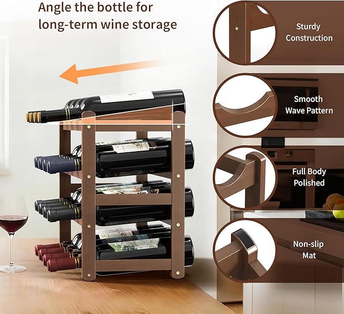 Wine Rack 16-Bottle Capacity, Space-Saving Countertop Wine Storage Organizer – Sturdy Bamboo Wine Holder for Kitchen, Bar,Cabinets & Pantry, Easy Access & Clutter-Free Organization(4-Tiers)