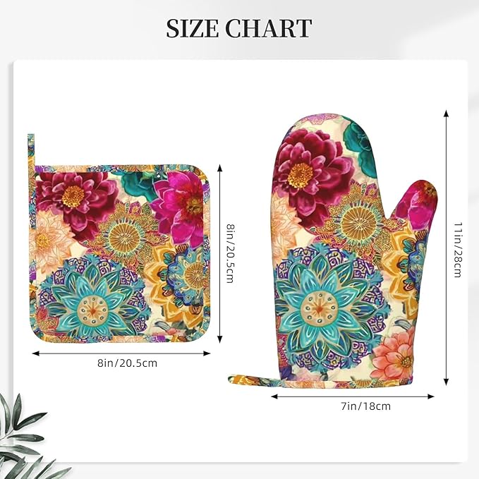 Oven Mitts and Pot Holders Boho Colorful Flower Silicone Kitchen Accessories Set of 4 Heat Resistant Long Gloves Potholder Non-Slip Grip for Chef Cooking Baking Grilling BBQ