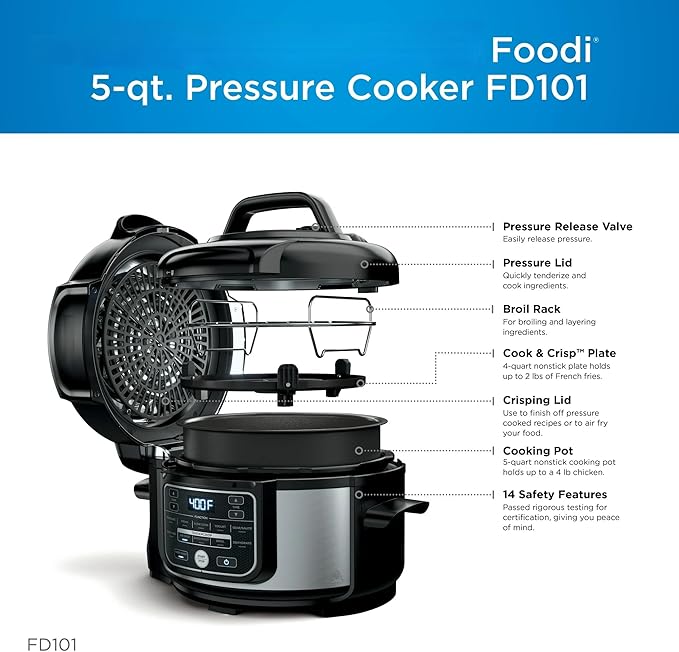 Ninja 10-in-1 5-Qt Pressure Cooker & Air Fryer Multi-Cooker, Steam, Bake/Roast, Broil, Slow Cook, Sear/Sauté & Dehydrate, Nonstick Pot, Stainless Steel, TenderCrisp Lid, Easy Clean