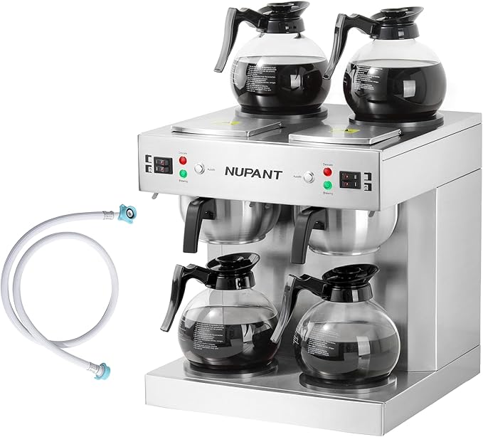 NUPANT Dual Drip Commercial Coffee Maker with Water Line 200 Cup/H 7.2L Auto-Filling Drip Coffee Maker Machine with 4 Carafes & 4 Warmers Stainless Steel Pour over Double Coffee Brewer for Restaurant