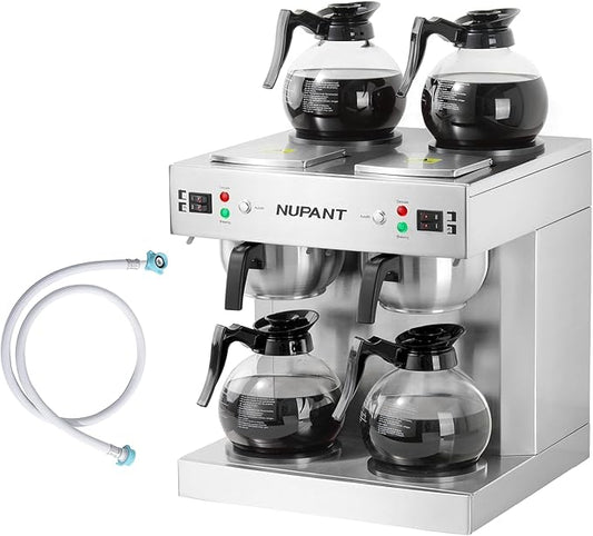 NUPANT Dual Drip Commercial Coffee Maker with Water Line 200 Cup/H 7.2L Auto-Filling Drip Coffee Maker Machine with 4 Carafes & 4 Warmers Stainless Steel Pour over Double Coffee Brewer for Restaurant