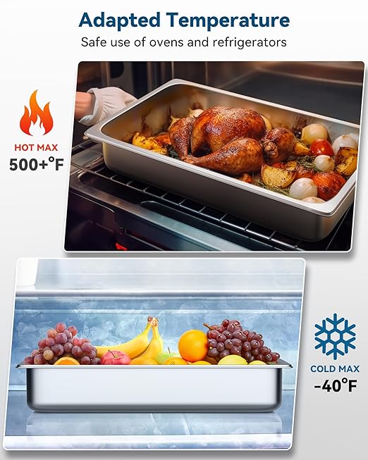 ZeroPone 6 Pack Hotel Pans, Full Size 4" Deep Stainless Steel Steam Table Pan, 20.8" L x 12.8" W 22 Gauge Metal Commercial Catering Food Pans Anti Jam Food Storage Containers