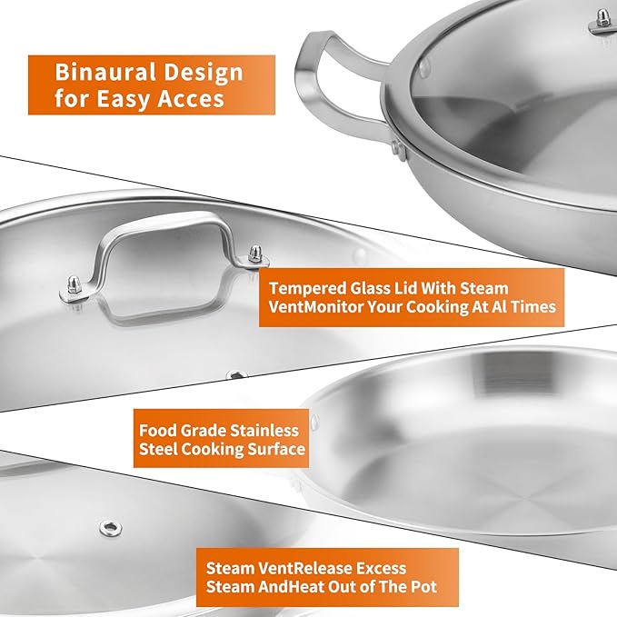 Yeksum Tri-Ply Stainless Steel Paella Pan, 14.5 inch Large Skillet,12 Servings 18/10 Large Paella pan with Lid,Jumbo Cooker,Perfect for Outdoors, Camping, Parties