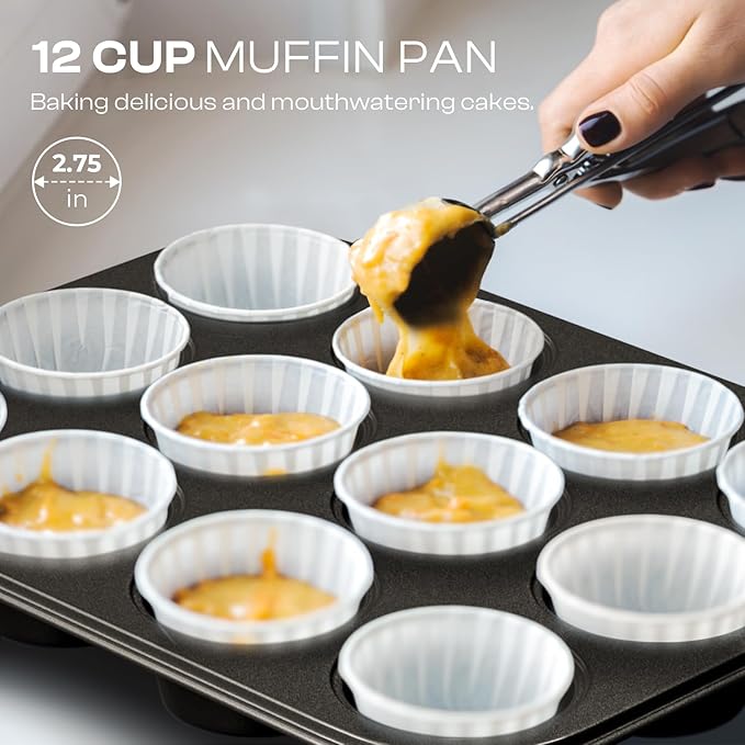 Slow Slog Nonstick Baking Pans Set, 8-Piece Stackable Bakeware Sets, Non-Toxic Oven Pan Set, Includes Baking Sheet, Cake Pan, Muffin Pan, Loaf Pan, Square Pan, Cookie Sheet & Roasting Pan, Black