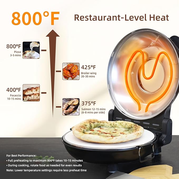 YIBAKE 12" Electric Pizza Oven - Countertop Pizza Maker with Ceramic Stone, Heats up to 800°F, Portable Indoor Pizza Oven for Homemade Pizzas, Black