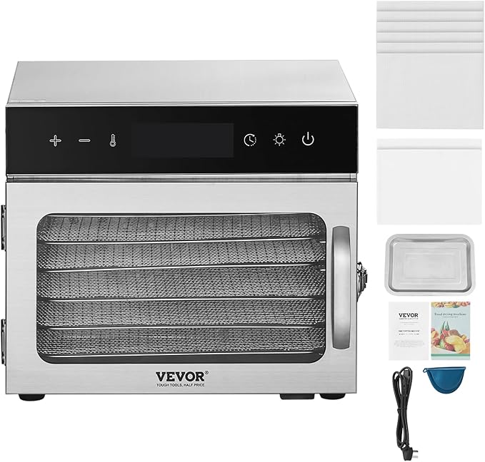 VEVOR Food Dehydrator Machine, 6 Stainless Steel Trays, 400W Electric Food Dryer with Adjustable Temperature & 24-Hour Timer, Food Dryer for Jerky, Meat, Fruit, Vegetables, Herbs, Dog Treats