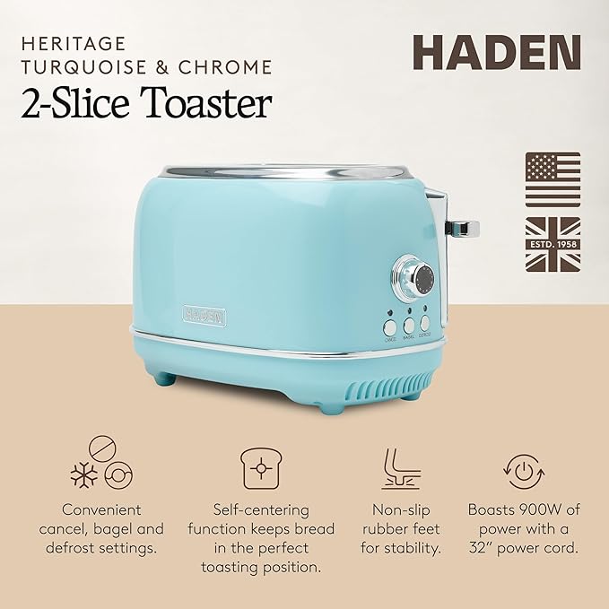 Haden Heritage 2 Slice Wide Slot Stainless Steel Toaster with Adjustable Browning Control & Non-Slip Feet, Turquoise & Chrome