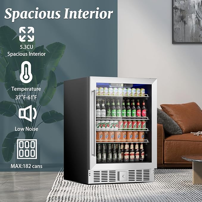 Beverage 24 Inch Wine Fridge, 182 Can Mini Fridge Glass Door for Drinks Soda, Beer, or Wine - Small Refrigerator for Office Bedroom Home Bar, Adjustable Shelves, 5.3 Cu.Ft, Silver