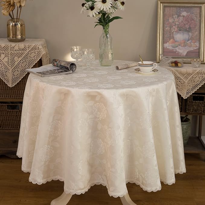 Round Tablecloth Waterproof Spillproof Lace Trim Damask Fabric Table Cloth for Wedding Kitchen Dinning Tabletop Decoration,Table Cover for Outdoor and Indoor, 70 Inch Round, Ivory White