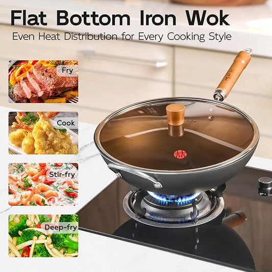 WANGYUANJI 12.6" Flat-Bottom Iron Wok with Glass Lid, Uncoated Stir-Fry Pan, Fast-Heating Refined Iron, Induction/Gas/Electric Compatible, Wooden Handle (Seasoning Required)