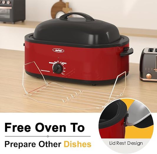 Sunvivi Roaster Oven with Self-Basting Lid,20 Quart Electric Roaster with Removable Pan & Rack,150-450°F Full-Range Temperature Control with Defrost/Warm Function,Stainless Steel,Red