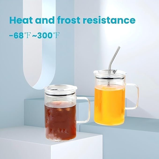 33.81 OZ Large Capacity Cold Drink Glass cup, Mug with Handle,Lid and Straw,for Coffee,Ice Tea, Beer,Water,Other Hot And Cold Drinks,-68°F to 300°F,Wide Mouth, Easy Clean,Tumbler Reusable for Gifts