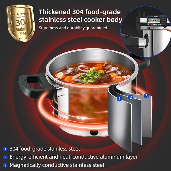 Pressure Cooker Stainless Steel 10 Qt, Commercial Stove Top Pressure Cooker for canning, One-Hand Locking, Compatible with Gas & Induction, Fast Cooking for Large Meals, Dishwasher Safe, PETERBOO