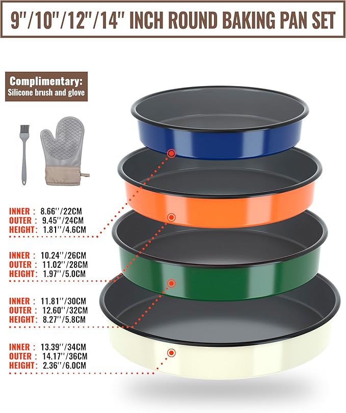 MCCSI Round Baking Pan Set Roasting Dish 4-Pack 9/10/12/14 Inch Enamel Non Stick Large Cookware for Cake Bread Pie Pizza Turkey Steak, Non-Toxic Oven Dishwasher Safe, Christmas Gift Bakeware