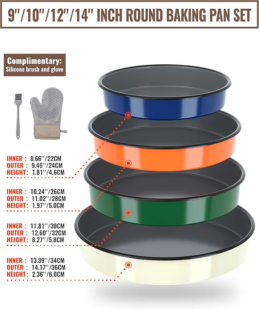 MCCSI Round Baking Pan Set Roasting Dish 4-Pack 9/10/12/14 Inch Enamel Non Stick Large Cookware for Cake Bread Pie Pizza Turkey Steak, Non-Toxic Oven Dishwasher Safe, Christmas Gift Bakeware