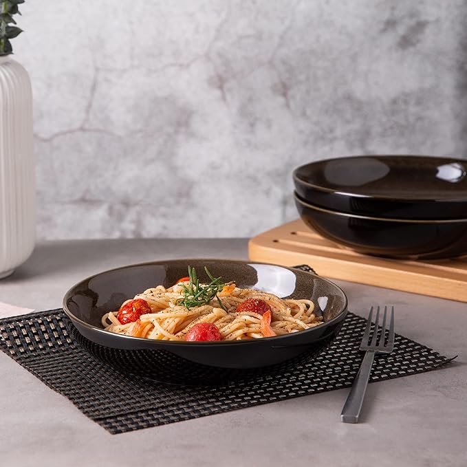 LERATIO Pasta Bowls,Ceramic 38oz Pasta Bowls,9.0" Reactive Glaze Pasta Bowl Set of 4,Microwave & Dishwasher,Oven Safe,Large Wide Serving Bowls for Salad, Dessert, Pizza,Scratch Resistant-Chestnut