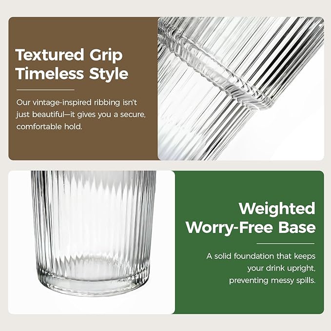 18oz Ribbed Glass Tumbler with Lids & Straws, Set of 2 -Vintage Ribbed Iced Coffee Cups, Reusable Smoothie & Cocktail Drinking Glasses - Perfect for Daily Use & Travel