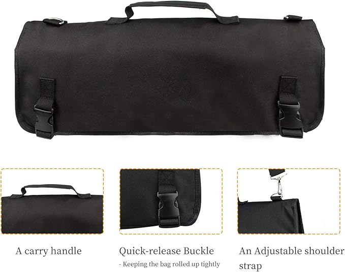 Tosnail Chef Knife Roll Bag with Carry Handle and Shoulder Strap, Large Capacity Kitchen Knife Storage Bag, Portable Knife Carrying Case with Double Folded Design, Black