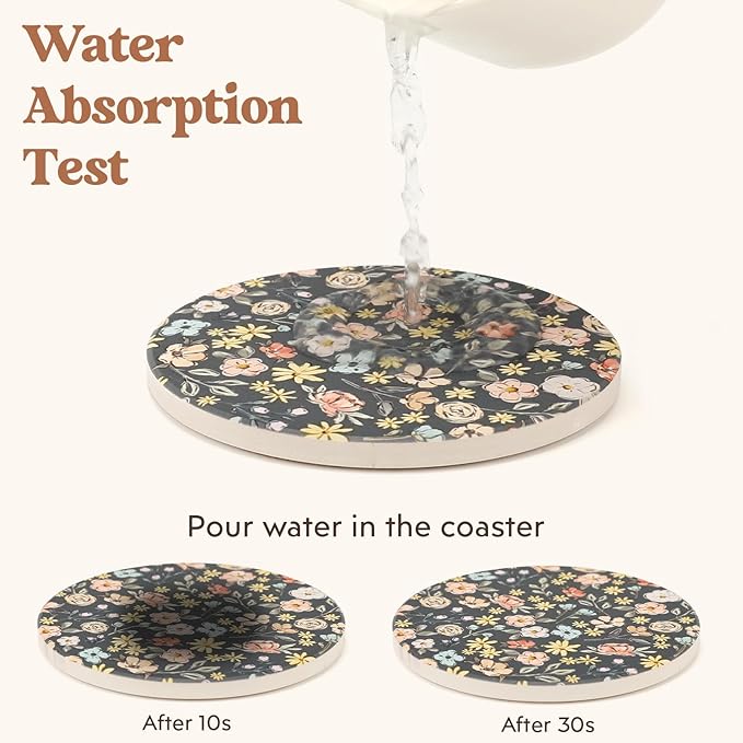 Coasters for Drinks Set of 6 with Holder, Absorbent Ceramic Stone, Flower Coffee Table Décor, Decorative Cup Coasters for Kitchen, Living Room, Farmhouse & Garden, Accessories for Tea & Coffee Table.