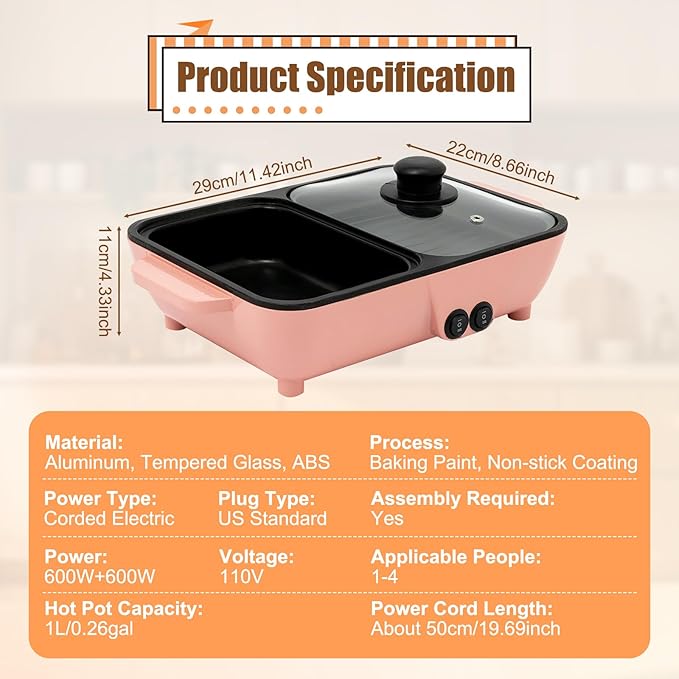 2 in 1 Electric Hot Pot with Grill, Non-Stick Electric Hot Pot and Frying Pan Fast Heating Baking Pan Multifunctional Nonstick Griddle for BBQ, Steaks, Noodles & More