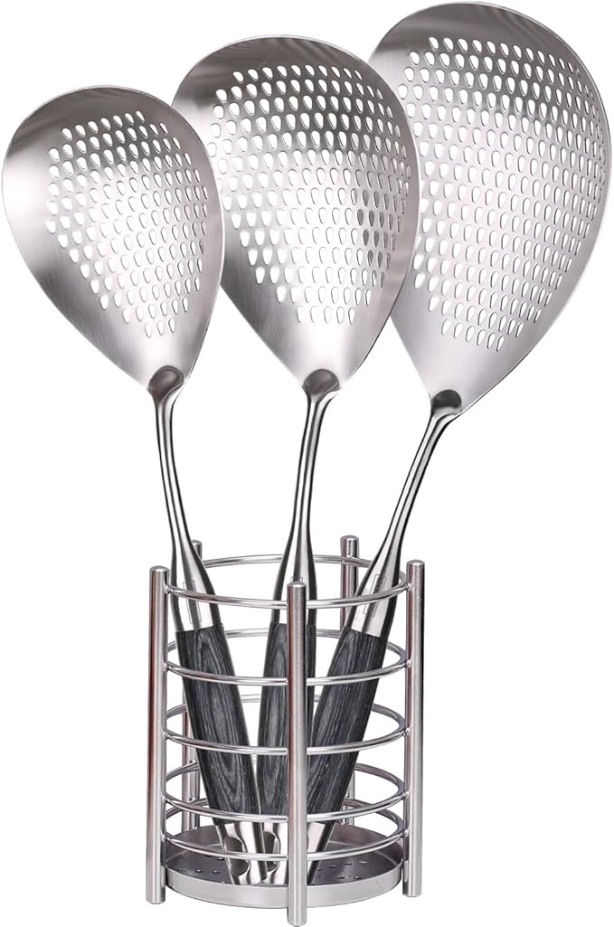 MARTE Skimmer Slotted Spoon Set of 4 - Kitchen Pasta Strainer Spoon - Spider Strainer Skimmer Ladle Spoon with Holder for Cooking and Frying Food, Spaghetti, Vegetable, Dumpling - 14.8In,16.5In,17In