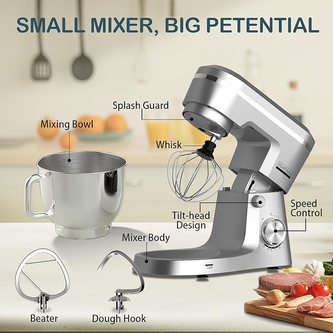 Household Stand Mixer with 6.5 Quart Bowl, Electric Food Mixer 10+p Speeds 660W, Kitchen Tilt-Head Bread Dough and Cake Mixers with Dough Hook, Whisk, Beater, Splash Guard