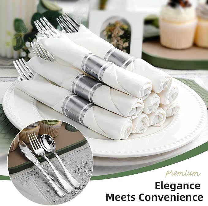400PCS Pre Rolled Silver Plastic Silverware Sets, Heavy Duty Silver Cutlery, Include 100 Pack Wrapped Disposable Utensils with Napkins for Parties and Weddings
